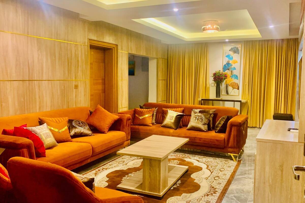 Ein modernes Wohnzimmer mit zwei orangefarbenen Sofas, einem Couchtisch und einem gemusterten Teppich.