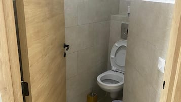 Hair dryer, towels, soap, toilet paper