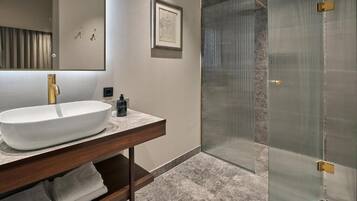 A bathroom with a large white sink, a mirror, a framed certificate on the wall, and a glass shower enclosure.