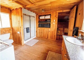Hair dryer, towels, soap, toilet paper
