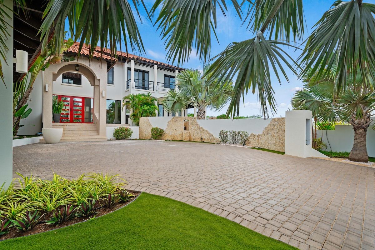A modern house with a paved driveway, a red door, and palm trees.