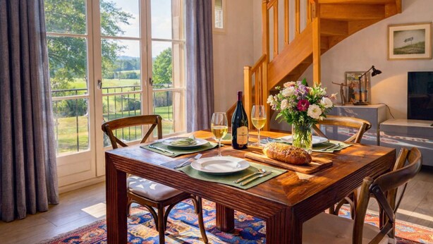 Un coin repas avec une table en bois, des chaises, un vase de fleurs, une bouteille de vin et une miche de pain.