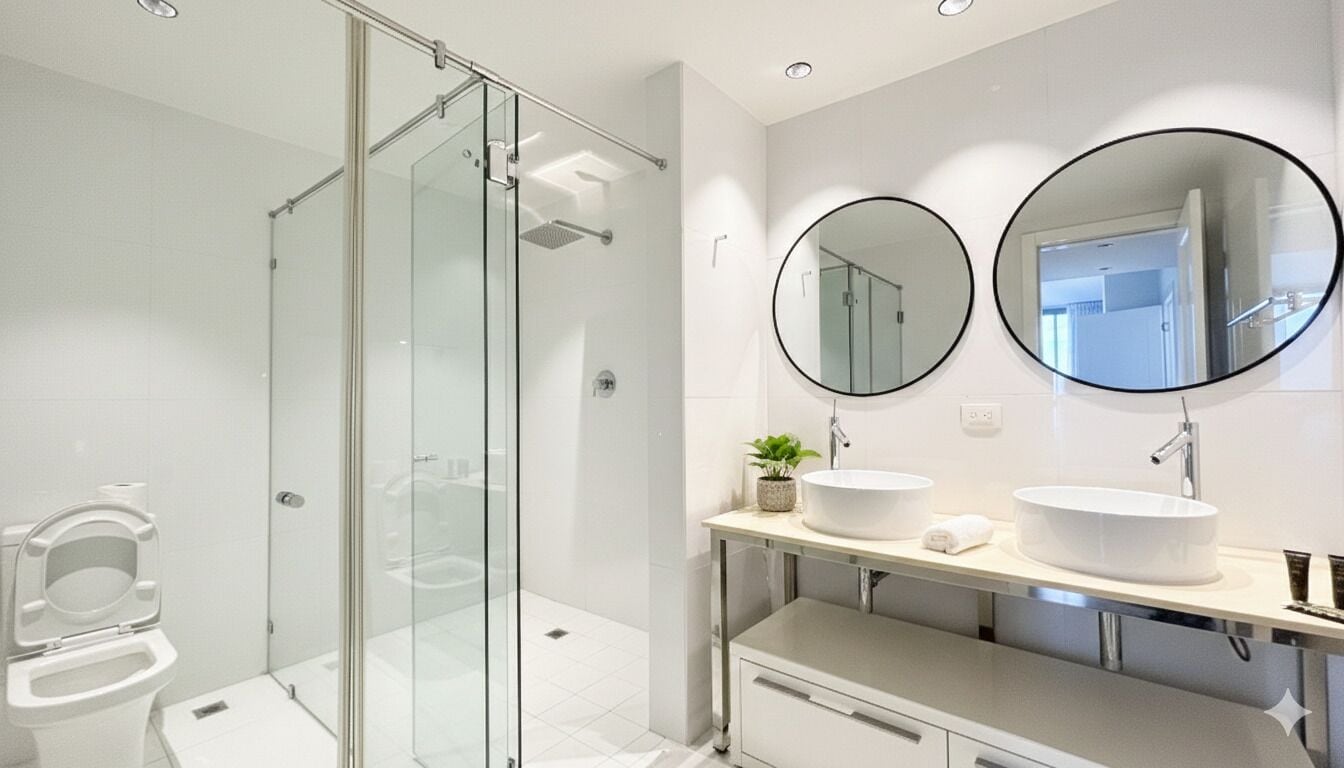 A modern bathroom with a glass-enclosed shower, two round mirrors, a white sink, and a small plant on the vanity.