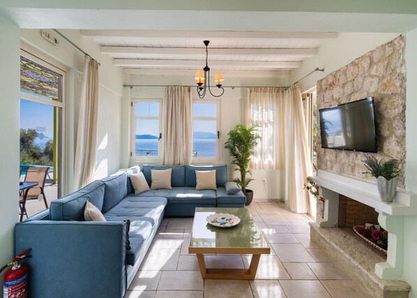 TV, fireplace - Villa Votsalo - Three Bedroom Villa, Sleeps 6 (Lefkada)