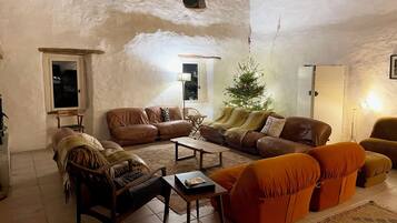 Tv, eldstad, dvd-spelare och ett bordtennisbord