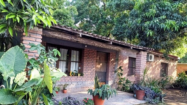 Una casa de ladrillo rústica con un pequeño porche, rodeada de abundante follaje y plantas en macetas.