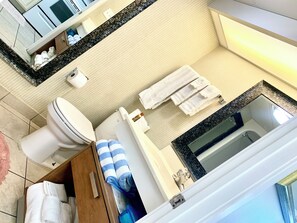 Hair dryer, towels, soap, toilet paper