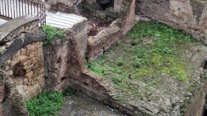 Ancient ruins with brick structures and a small opening, surrounded by greenery and modern buildings in the background.