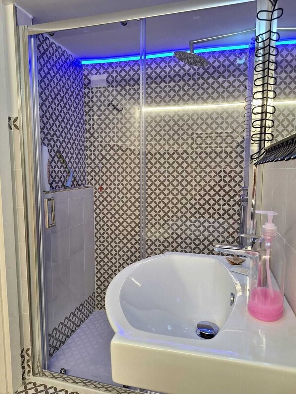 Shower, hair dryer, bidet, towels