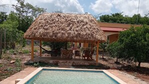 A swimming pool with a thatched-roof pavilion and outdoor seating.