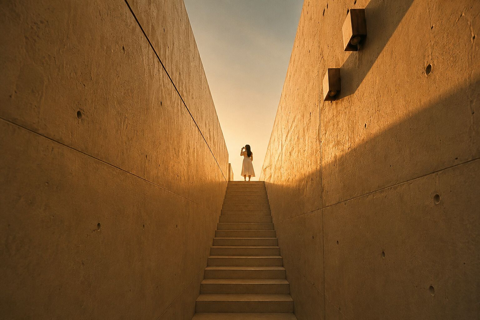 A staircase leading up to a person standing at the top, surrounded by plain walls.