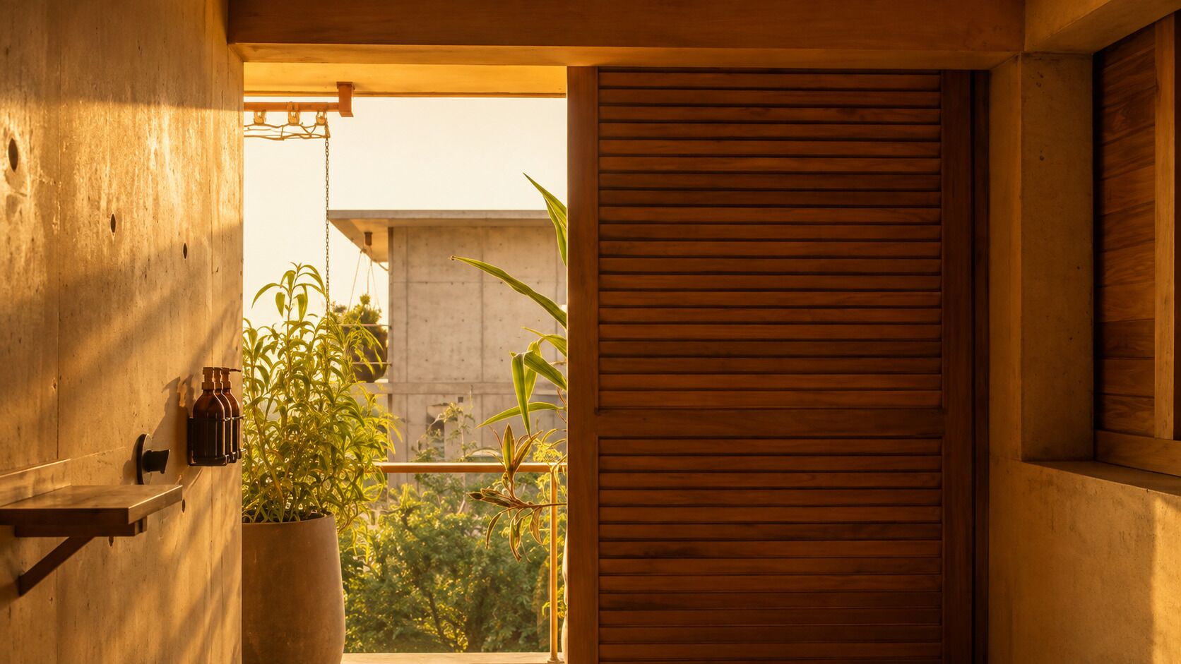 An interior space with a wooden door, a potted plant, and a shelf with bottles.
