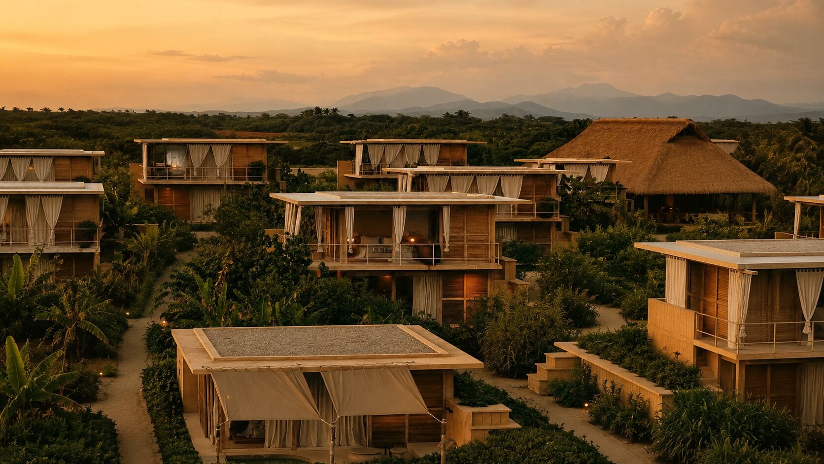 Un resort con varias edificaciones de madera, algunas con balcones, rodeado de exuberante follaje y un telón de fondo montañoso.