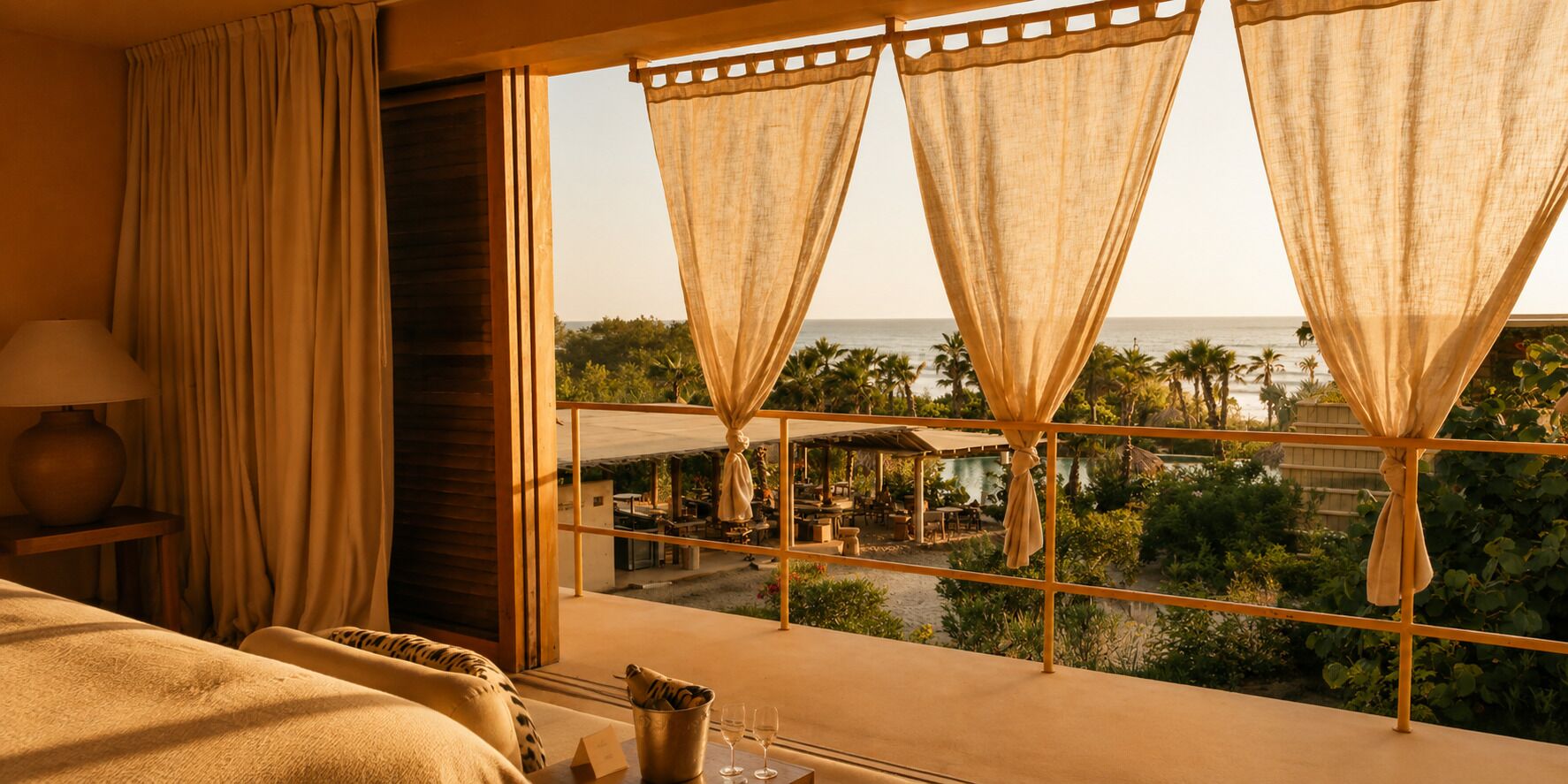 A hotel room with a large window, a bed, a bedside table with a lamp, and a view of the ocean and resort area.