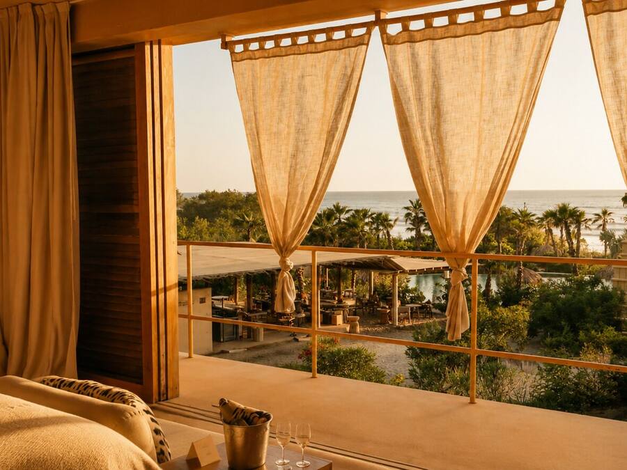 Habitación de hotel con un ventanal grande, una cama, una mesita de noche con lámpara y vistas al océano y a la zona del complejo turístico.