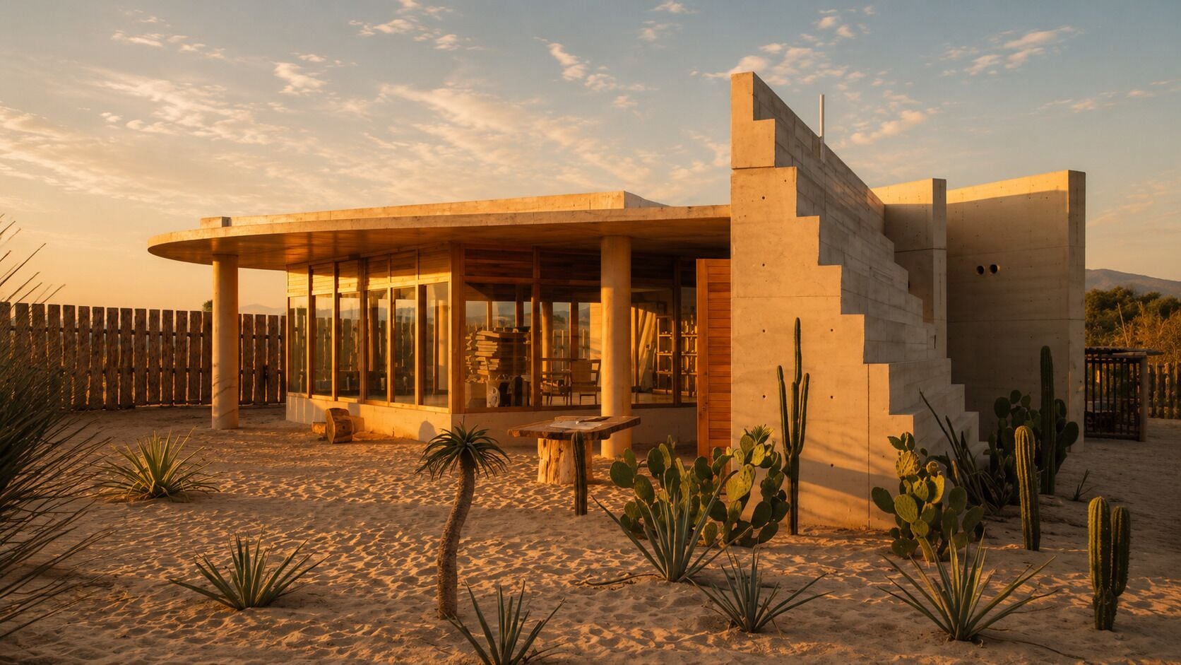Edificio de estilo desértico con techo plano, ventanas amplias y un entorno arenoso con cactus.