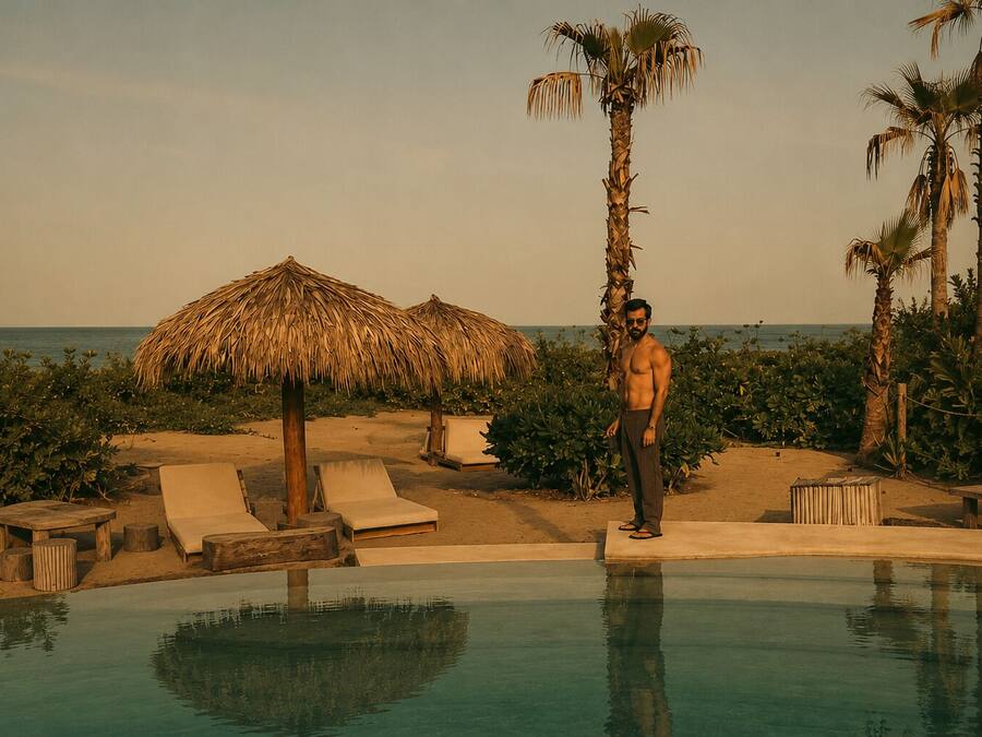Un homme se tient près d’une piscine, à côté de chaises longues et de palmiers.