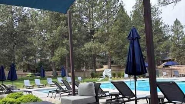 Zona de piscina con sillas de descanso, sombrillas y una alberca.
