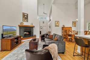 TV, fireplace, books