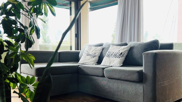 Una sala de estar moderna con un sofá seccional gris, dos cojines decorativos, una planta en maceta y un piso de madera con diseño espiga.