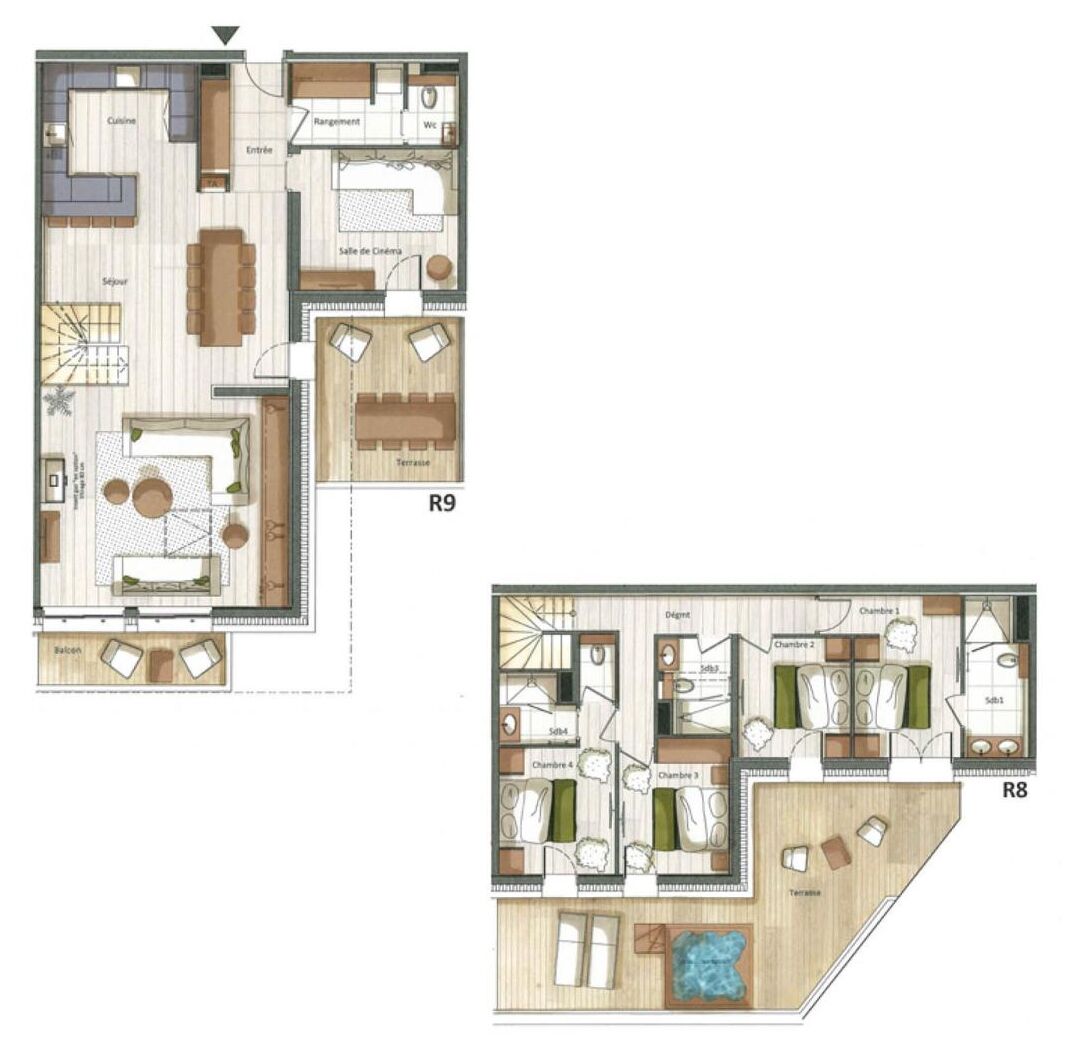 Deux plans d’étage d’un hôtel, les modèles R9 et R8, comprenant plusieurs chambres, une salle de cinéma, une terrasse et une piscine.
