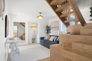 TV connectée, cheminée, livres, chaßne hi-fi