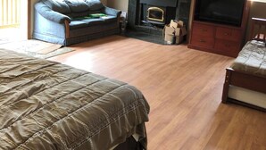 A spacious living room with a fireplace, a sofa, a television, and a bed. - Quaint Rural Cabin Near Hatcher Pass (Wasilla)