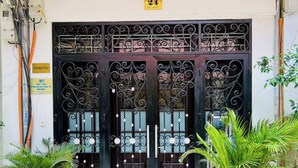 Una reja de hierro forjado negro con diseños decorativos, flanqueada por plantas en macetas, y un letrero que indica el número 24.