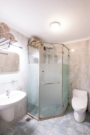 Hair dryer, towels, soap, toilet paper