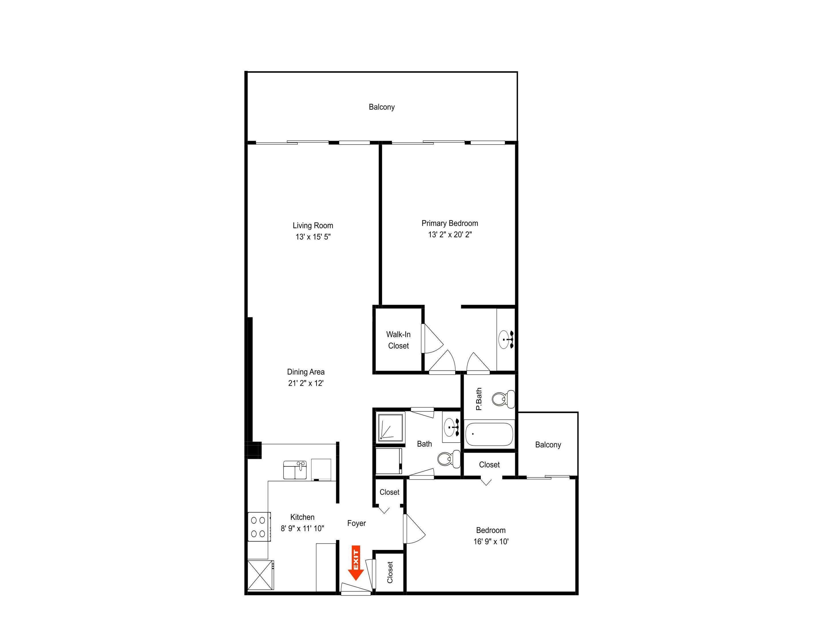 A floor plan of an apartment with a balcony, living room, primary bedroom, dining area, kitchen, walk-in closet, walk-in bathroom, foyer, and a bedroom.