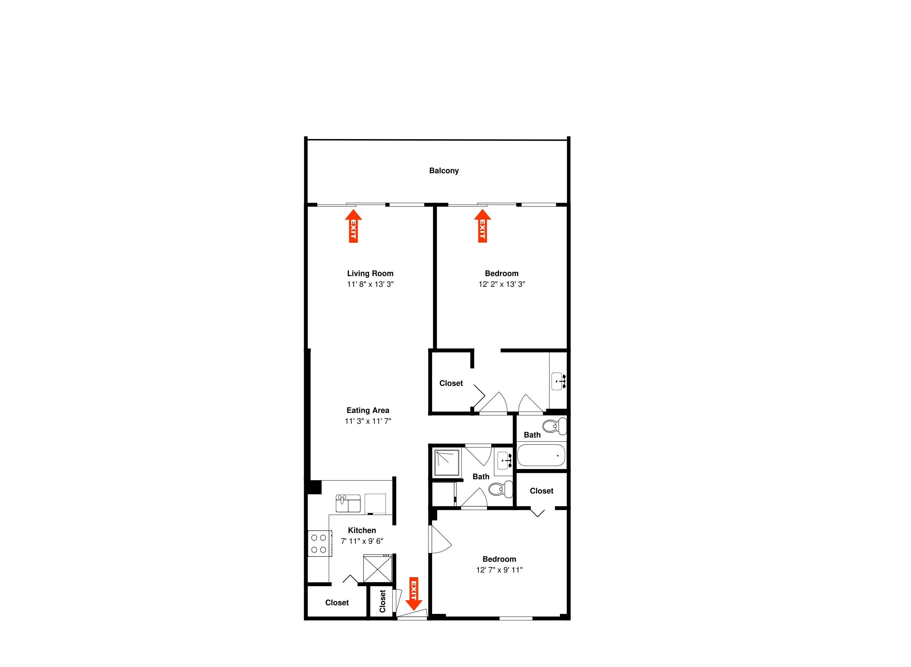 Grundriss eines Hotelzimmers mit Wohnzimmer, zwei Schlafzimmern, einer Küche, einem Essbereich und einem Badezimmer.