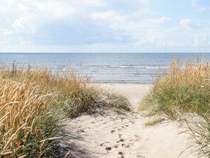 A sandy beach path leading to the sea, surrounded by tall grass. - 5 Person Holiday Home in Falkenberg (Falkenberg)