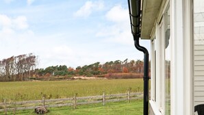 A view from a window overlooking a grassy field with a wooden fence and trees in the background. - 5 Person Holiday Home in Falkenberg (Falkenberg)