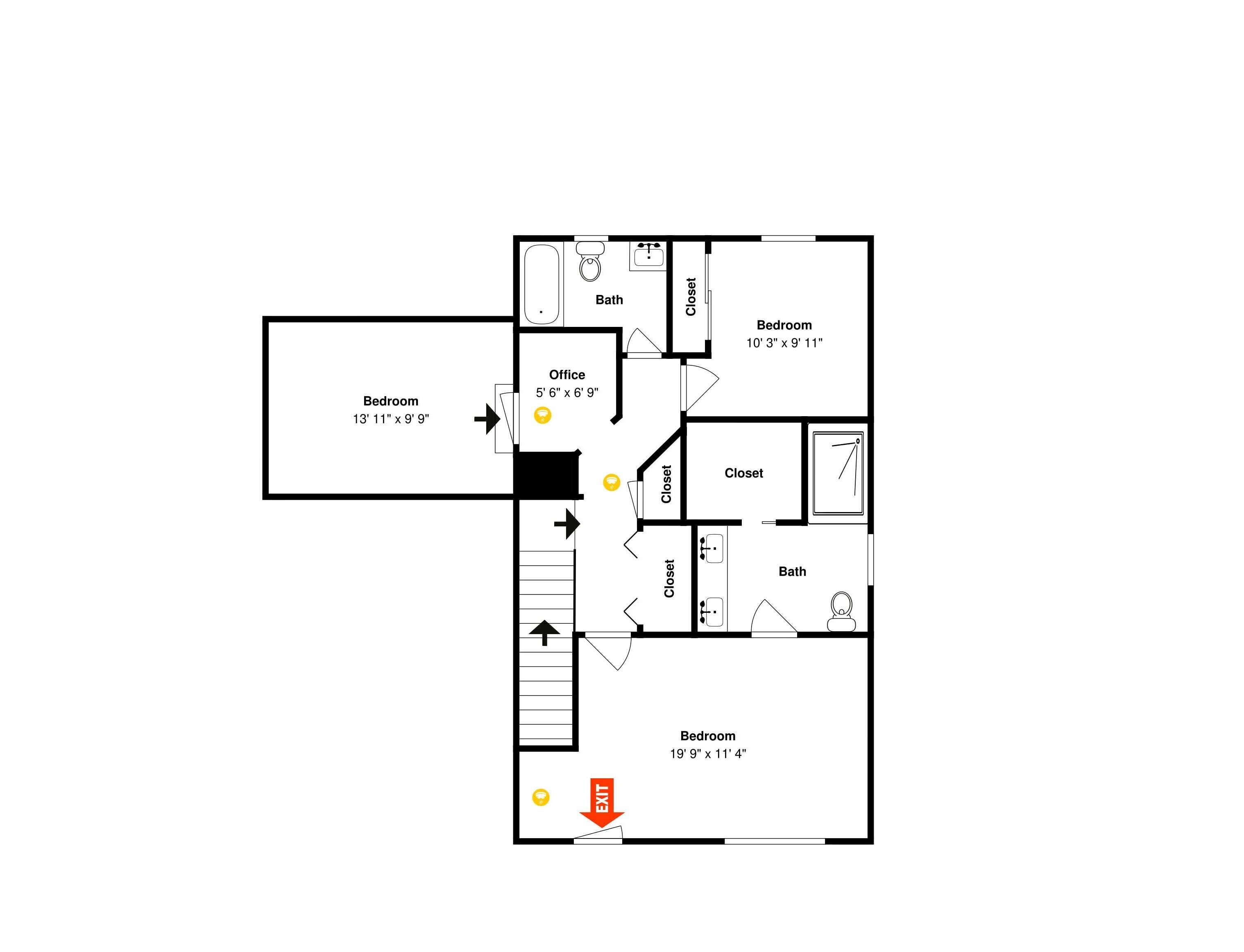 Plano de planta con dos dormitorios, un despacho, un baño y armarios.