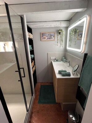 Shower, hair dryer, towels, soap