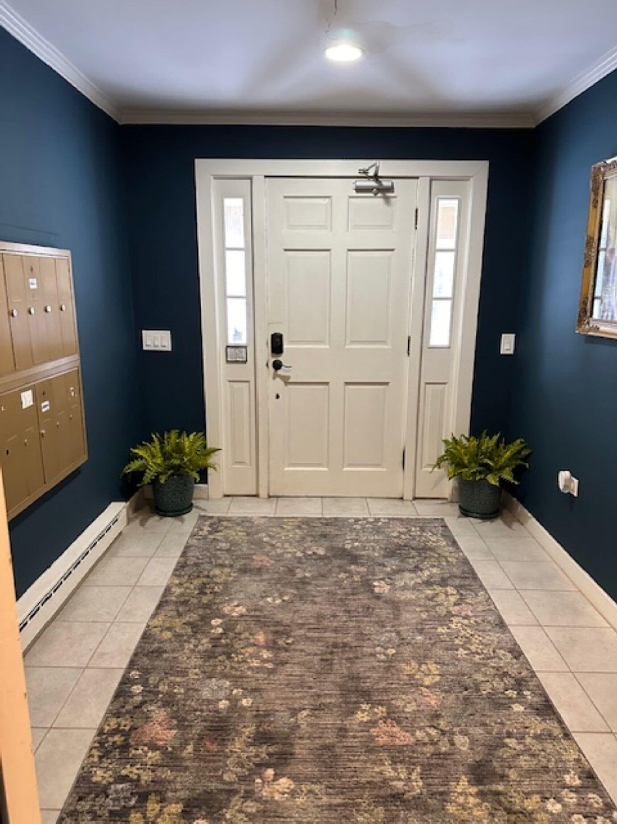 A hallway with a patterned rug, a white door, and two potted plants.