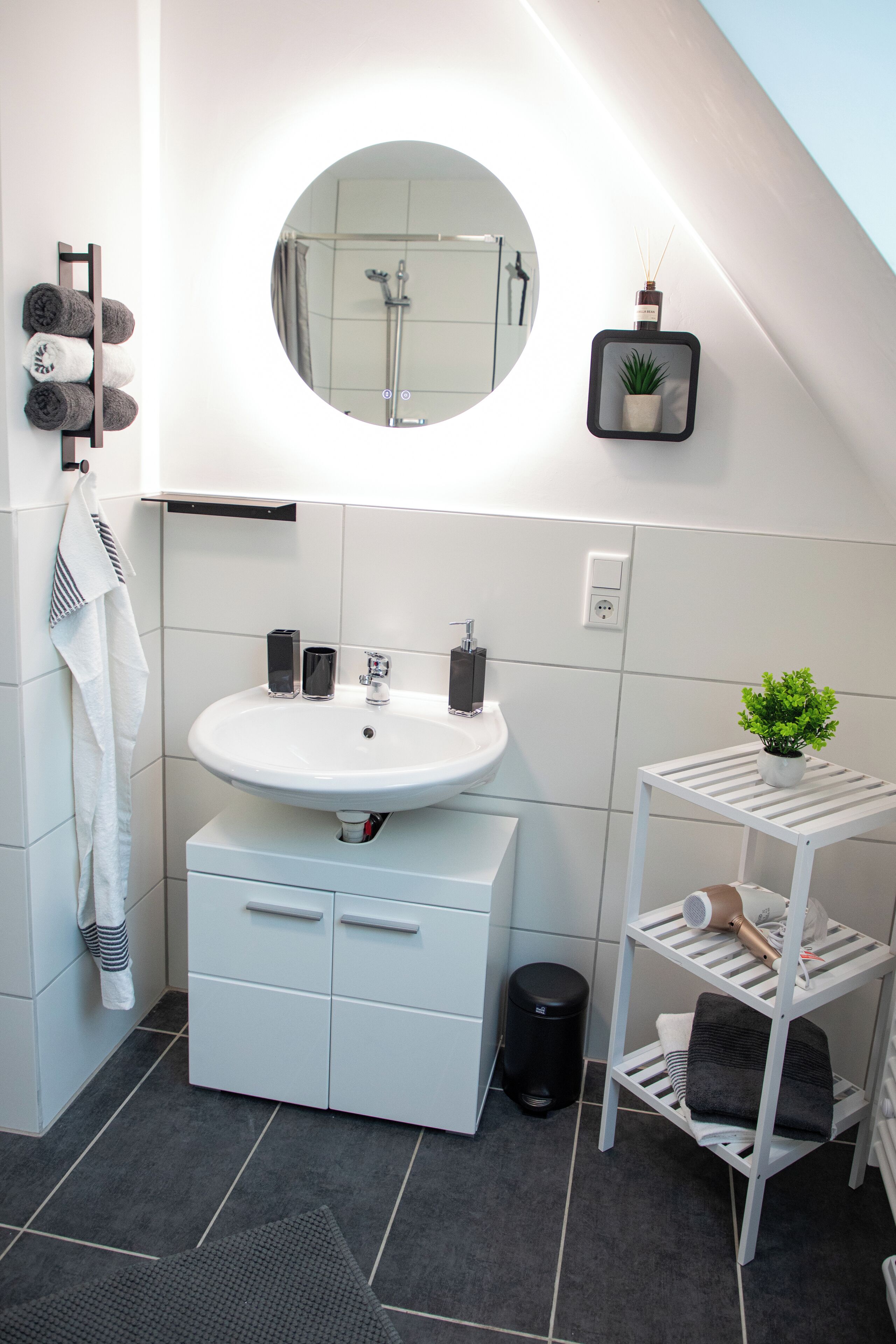 Regadera, secadora de cabello, toallas, jabón 