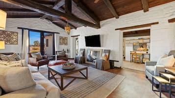 Smart TV, fireplace, books