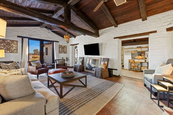 Smart TV, fireplace, books