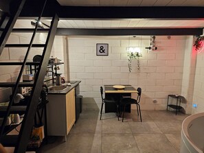 Fridge, microwave, stovetop, electric kettle