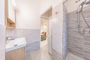 Shower, hair dryer, bidet, towels