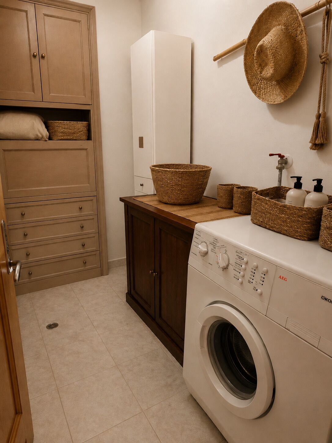 A laundry room with a washing machine, wooden cabinets, wicker baskets, and a straw hat on the wall.