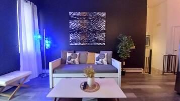 Smart TV, fireplace, DVD player, books