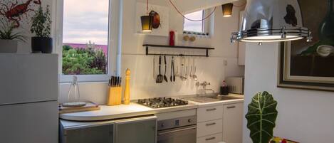 Kühlschrank, Ofen, Herdplatte, Wasserkocher mit Kaffee-/Teezubehör