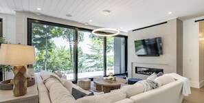 TV connectée, cheminée, livres