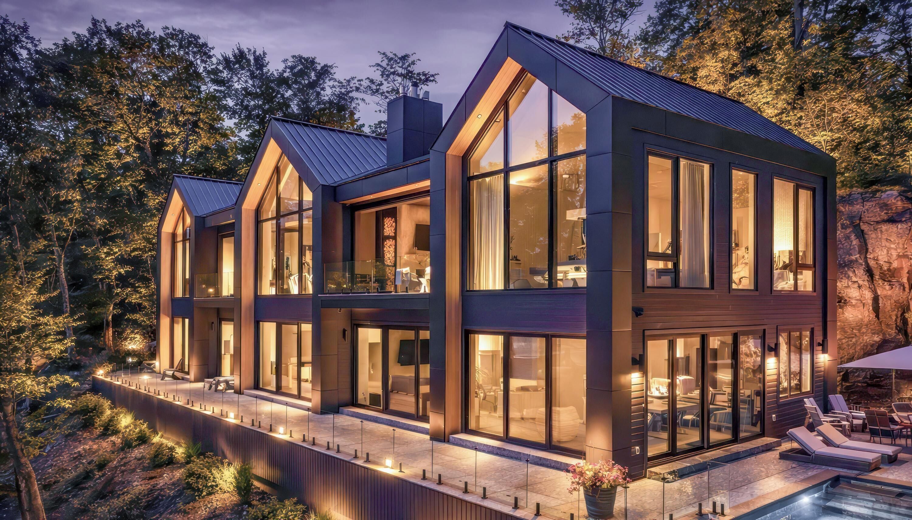 A modern multi-story house with large windows, a swimming pool, and a forested backdrop.