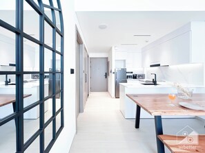 Fridge, microwave, stovetop, coffee/tea maker
