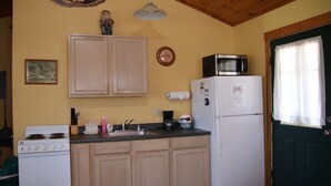 A kitchen with wooden cabinets, a stove, a microwave, and a refrigerator.