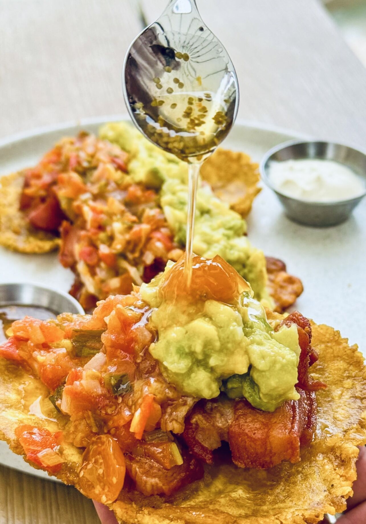 A plate of food with guacamole, salsa, and a dipping sauce being poured.