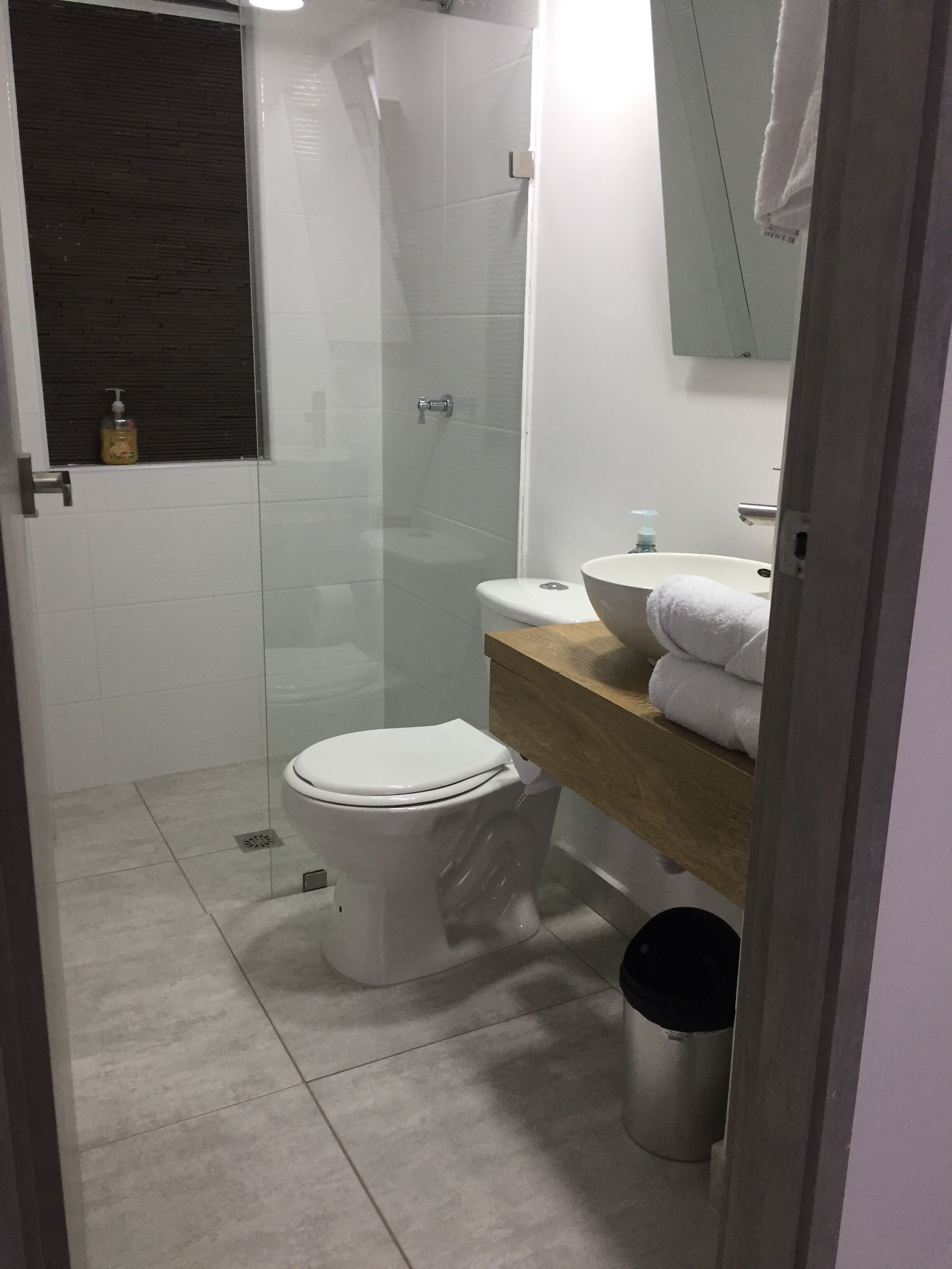 Une salle de bain moderne comprenant des toilettes, un espace de douche vitré, un lavabo avec un plan de travail en bois et un miroir au-dessus du lavabo.